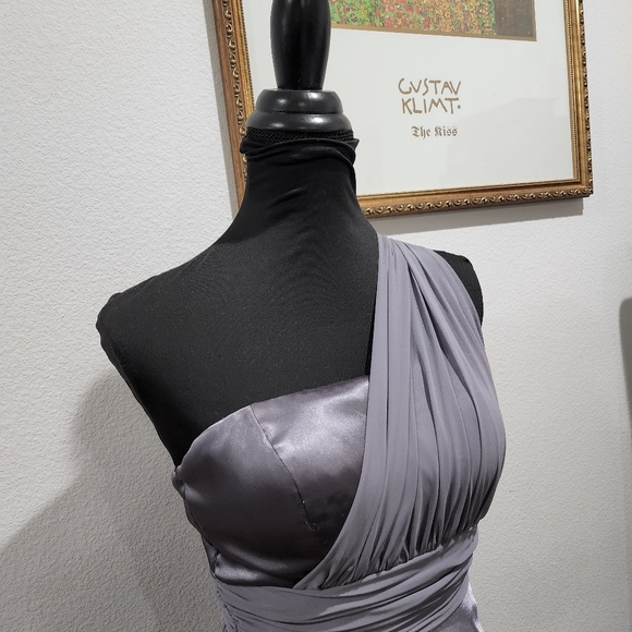 One shoulder ruched nylon  overlay, flowing stain gown. - Picture 4 of 8